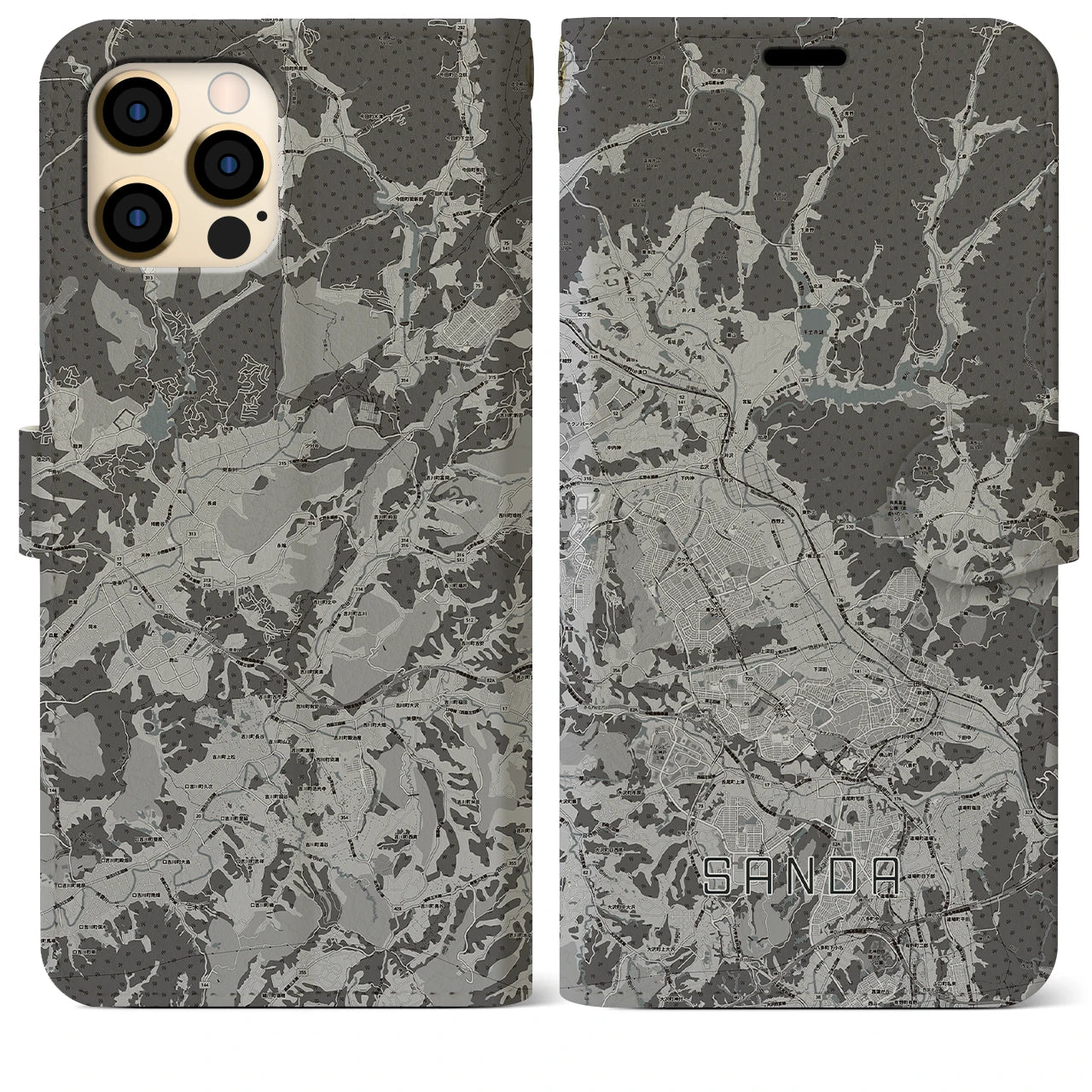 【三田(兵庫県)】地図柄iPhoneケース(手帳タイプ)モノトーン・iPhone 12 Pro Max 用