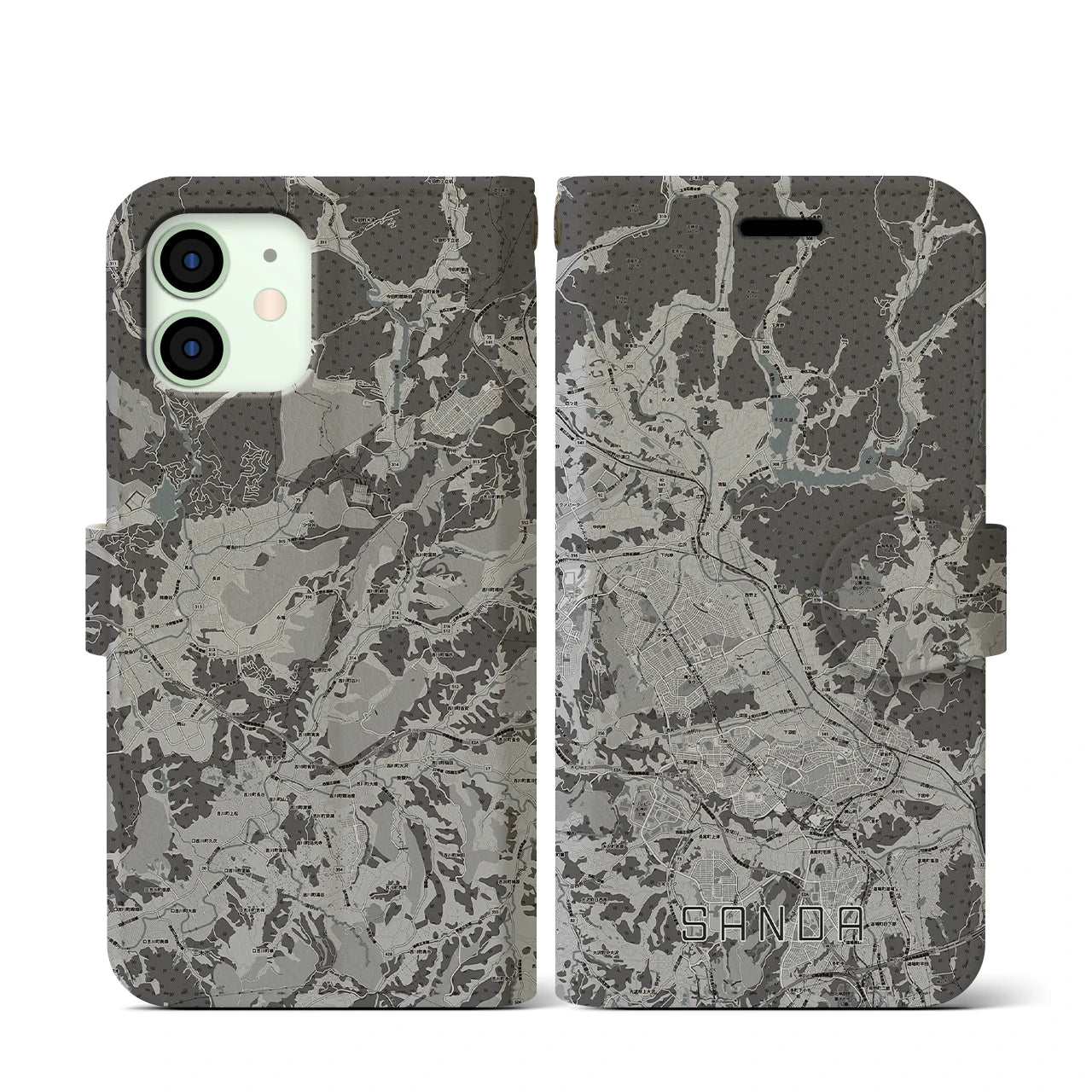 【三田(兵庫県)】地図柄iPhoneケース(手帳タイプ)モノトーン・iPhone 12 mini 用