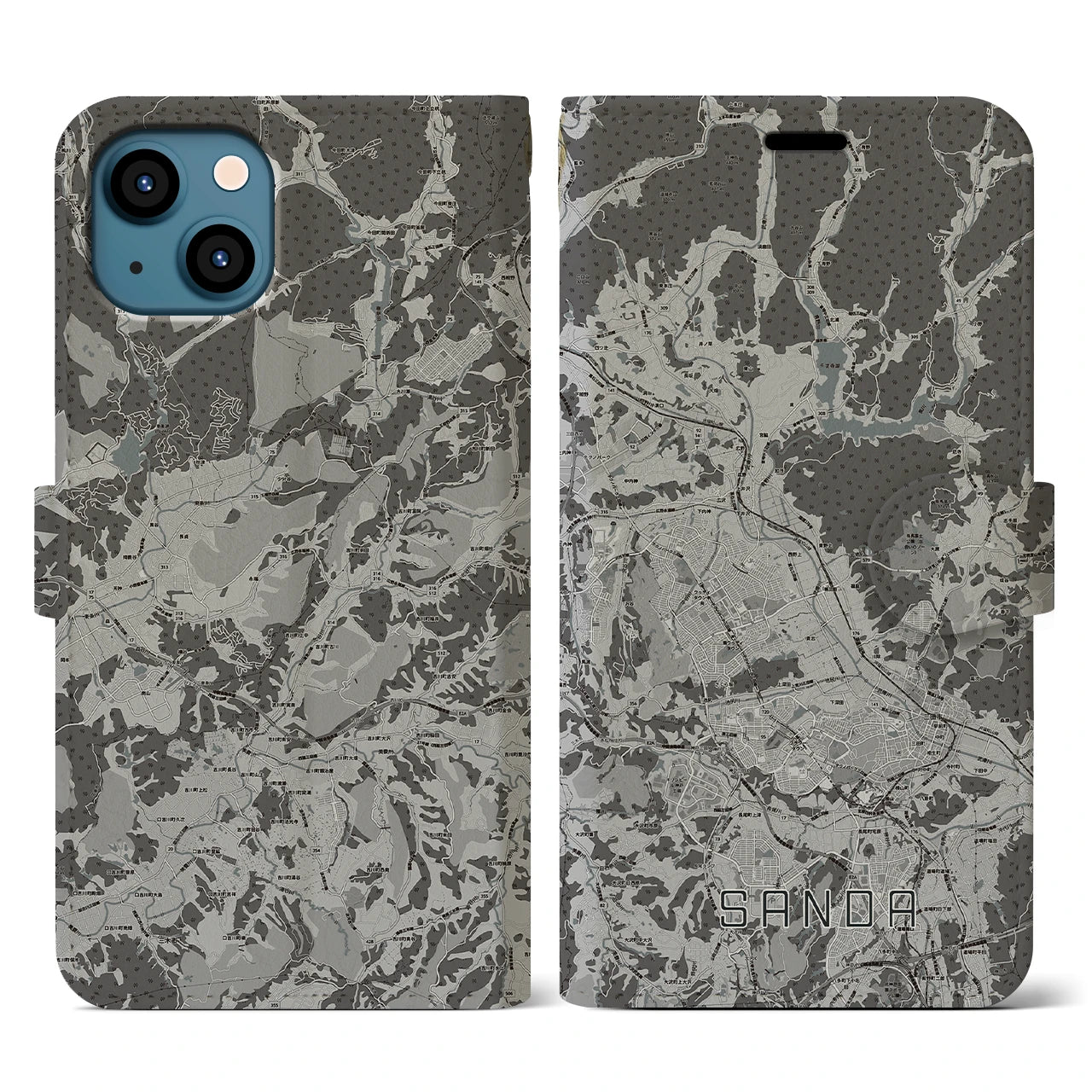 【三田(兵庫県)】地図柄iPhoneケース(手帳タイプ)モノトーン・iPhone 13 用