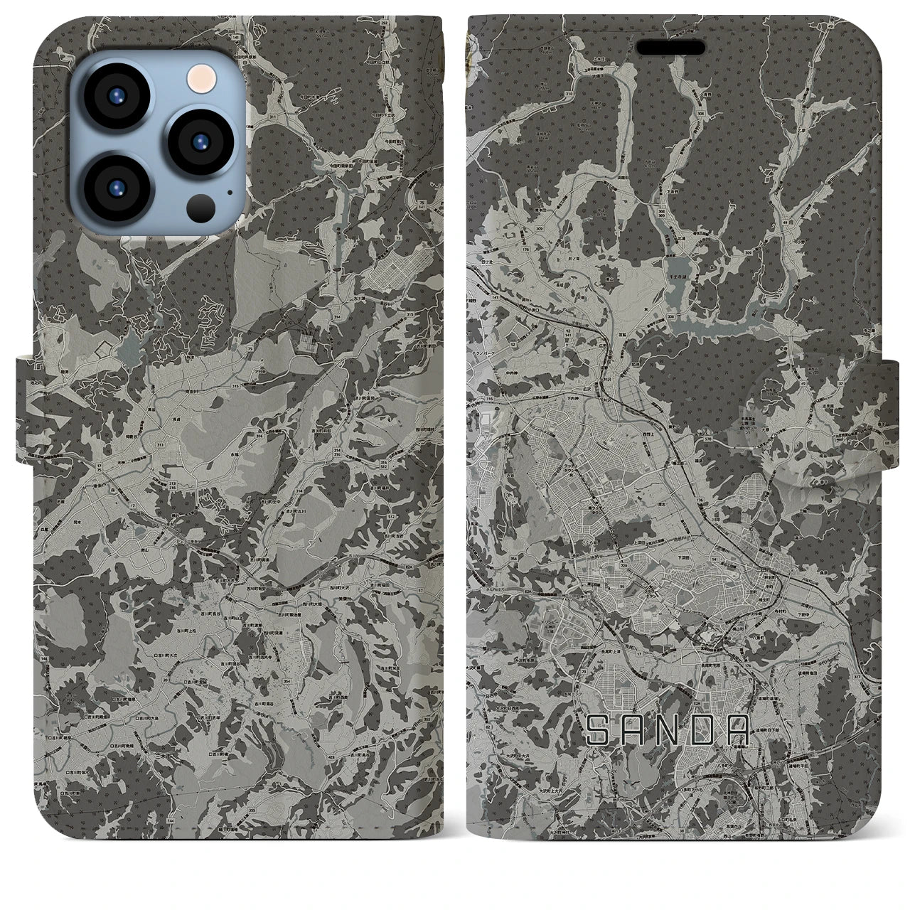 【三田(兵庫県)】地図柄iPhoneケース(手帳タイプ)モノトーン・iPhone 13 Pro Max 用