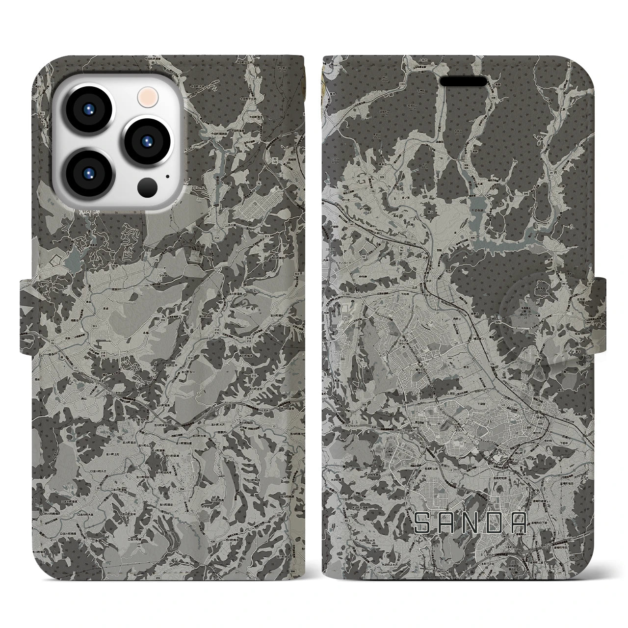 【三田(兵庫県)】地図柄iPhoneケース(手帳タイプ)モノトーン・iPhone 13 Pro 用