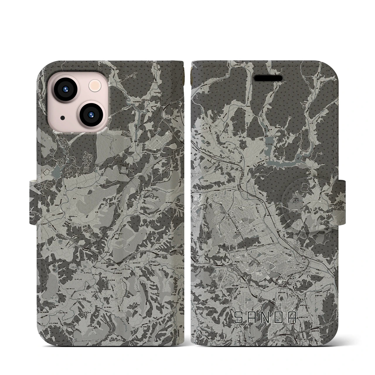 【三田(兵庫県)】地図柄iPhoneケース(手帳タイプ)モノトーン・iPhone 13 mini 用