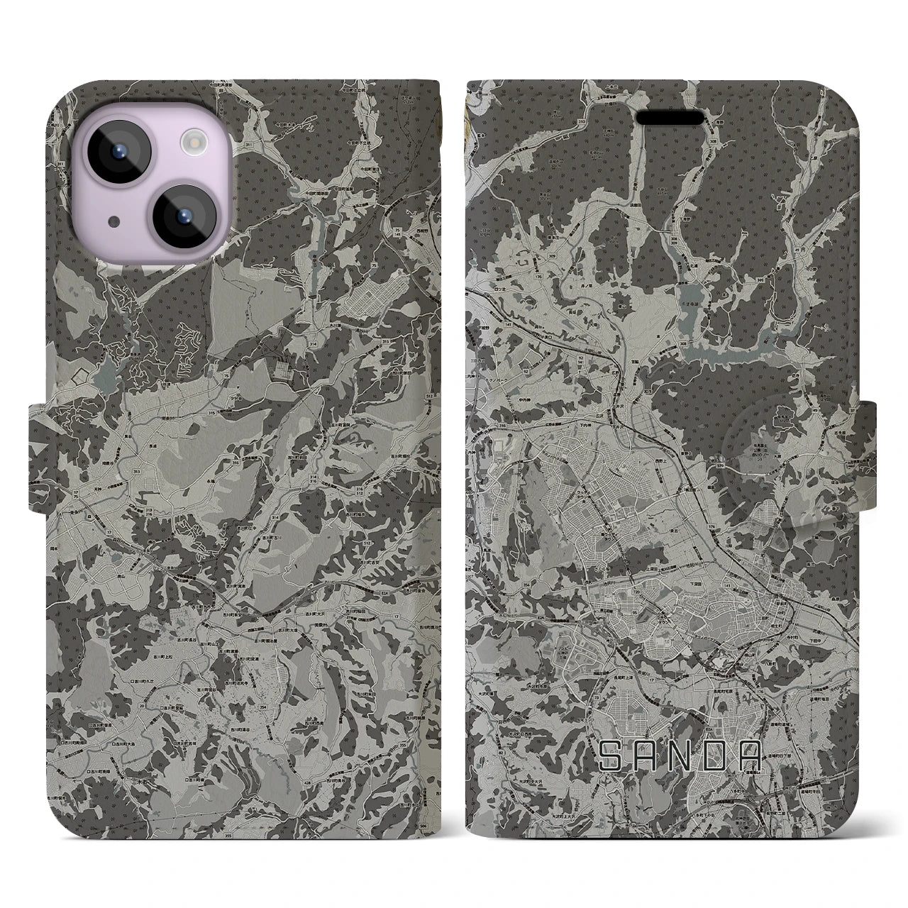 【三田(兵庫県)】地図柄iPhoneケース(手帳タイプ)モノトーン・iPhone 14 用