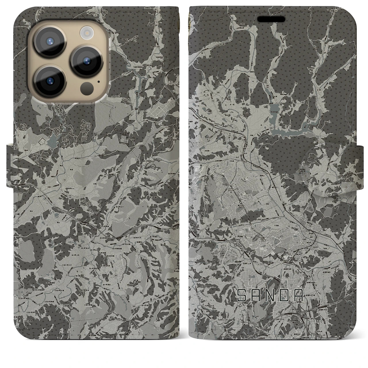 【三田(兵庫県)】地図柄iPhoneケース(手帳タイプ)モノトーン・iPhone 14 Pro Max 用