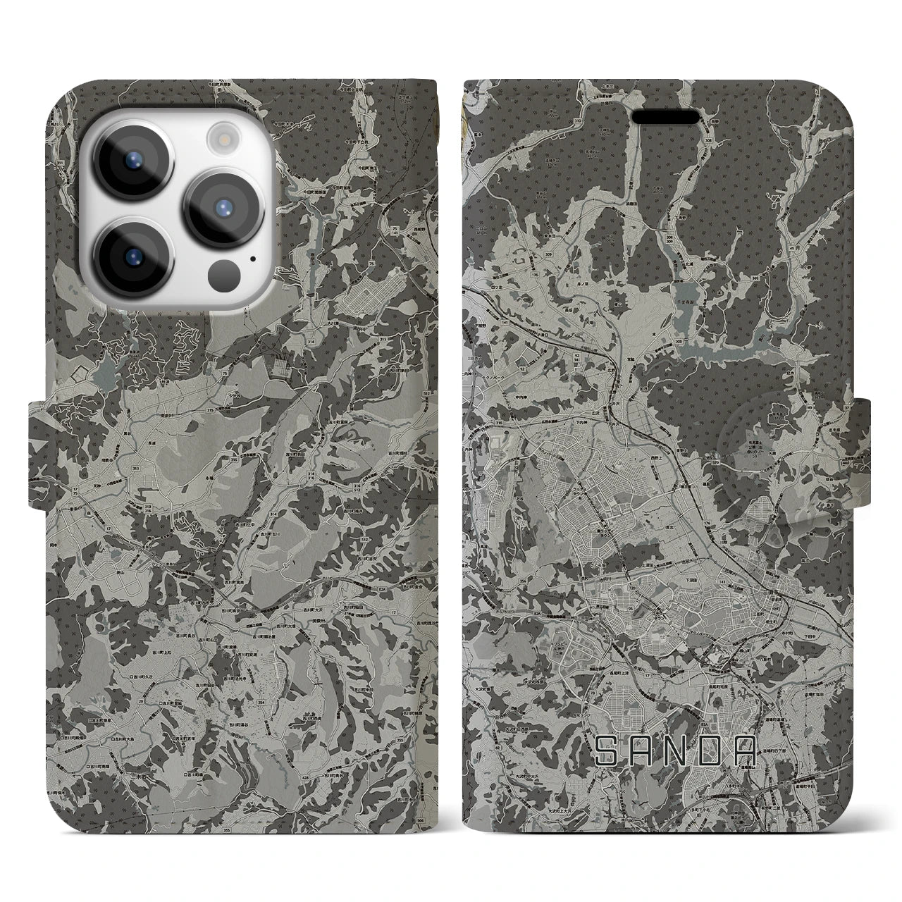 【三田(兵庫県)】地図柄iPhoneケース(手帳タイプ)モノトーン・iPhone 14 Pro 用