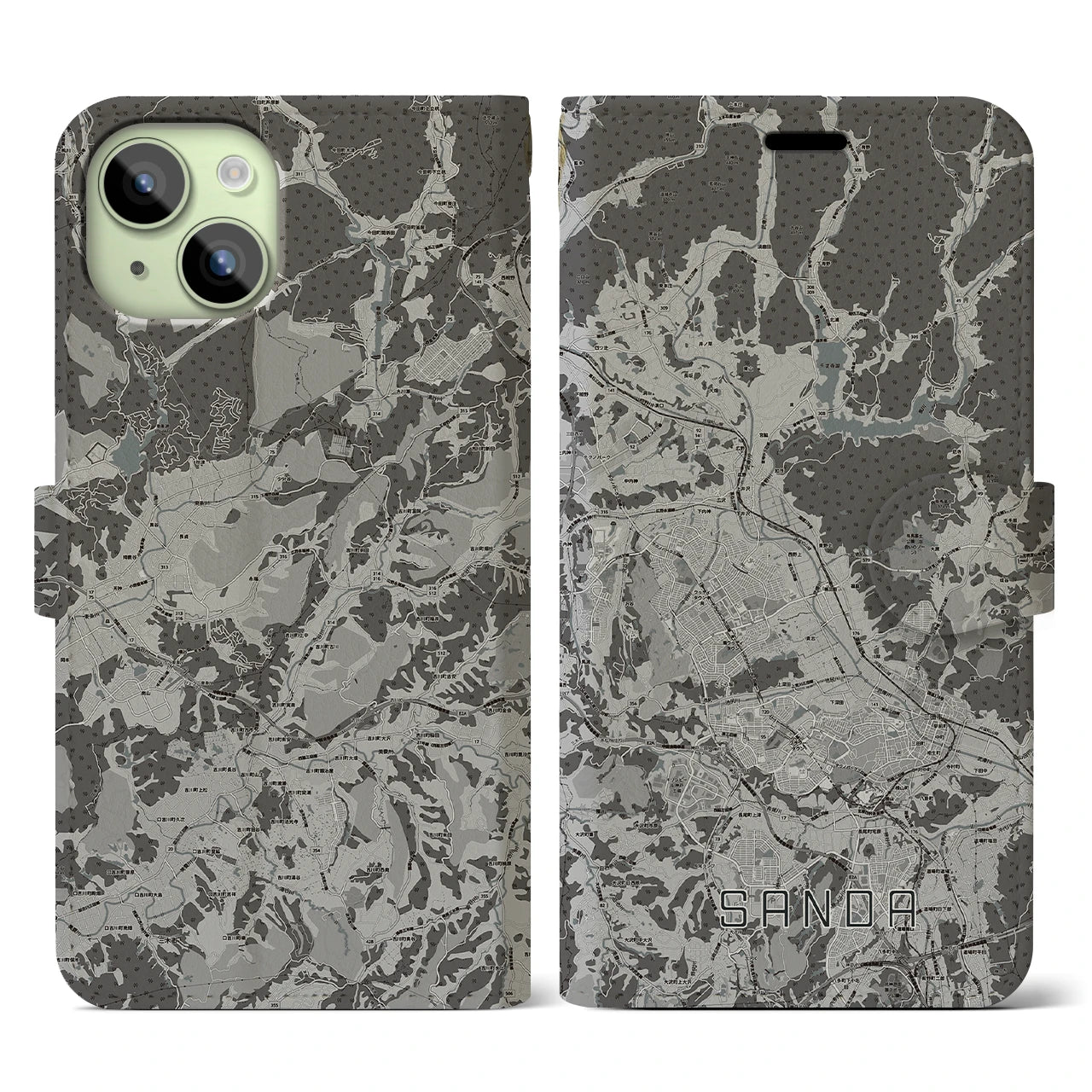 【三田(兵庫県)】地図柄iPhoneケース(手帳タイプ)モノトーン・iPhone 15 用