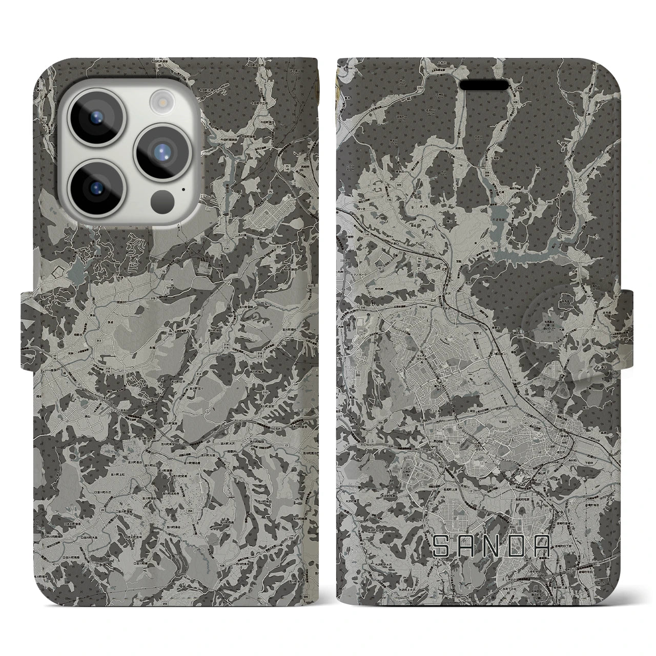 【三田(兵庫県)】地図柄iPhoneケース(手帳タイプ)モノトーン・iPhone 15 Pro 用