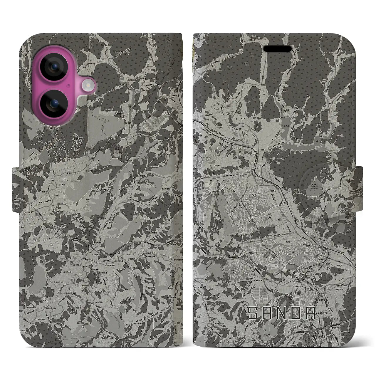 【三田(兵庫県)】地図柄iPhoneケース(手帳タイプ)モノトーン・iPhone 16 Pro 用