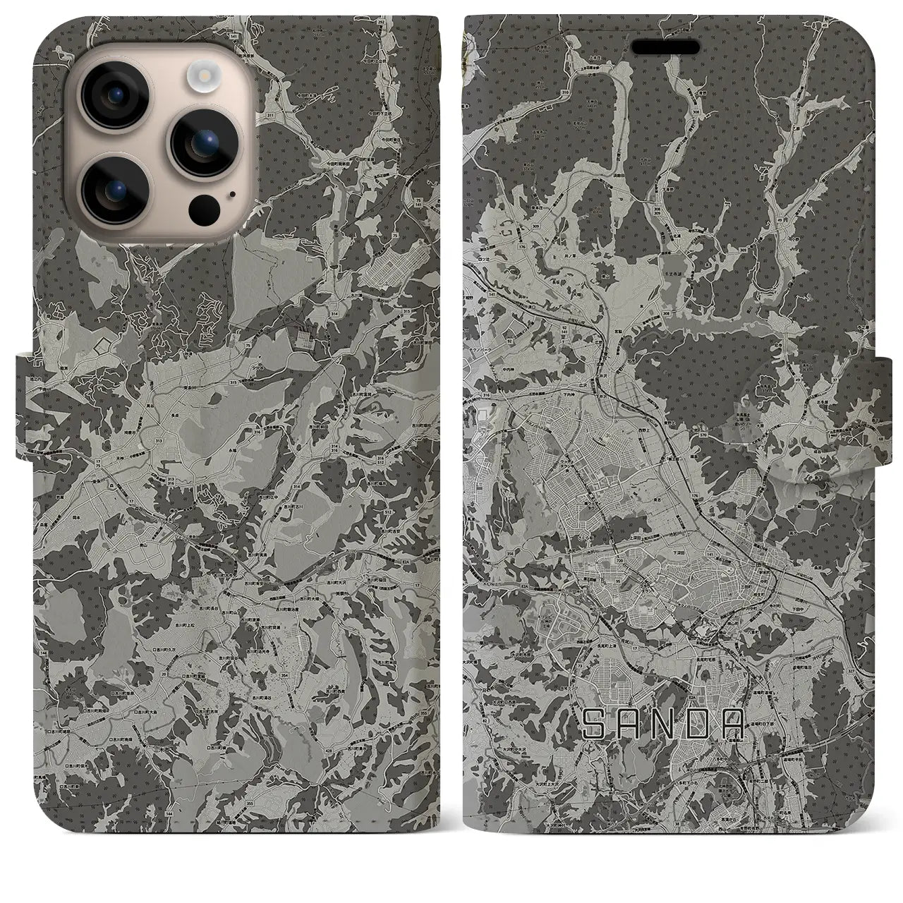 【三田(兵庫県)】地図柄iPhoneケース(手帳タイプ)モノトーン・iPhone 16 Plus 用
