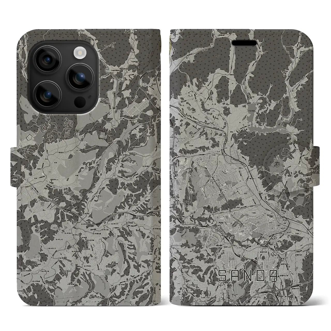 【三田(兵庫県)】地図柄iPhoneケース(手帳タイプ)モノトーン・iPhone 16 用