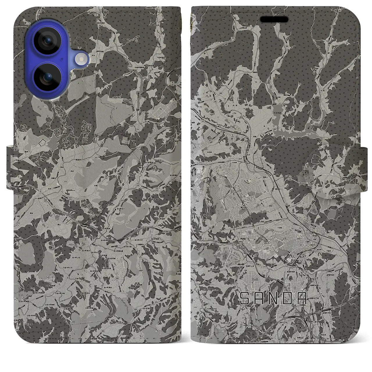 【三田(兵庫県)】地図柄iPhoneケース(手帳タイプ)モノトーン・iPhone 16 Pro Max 用