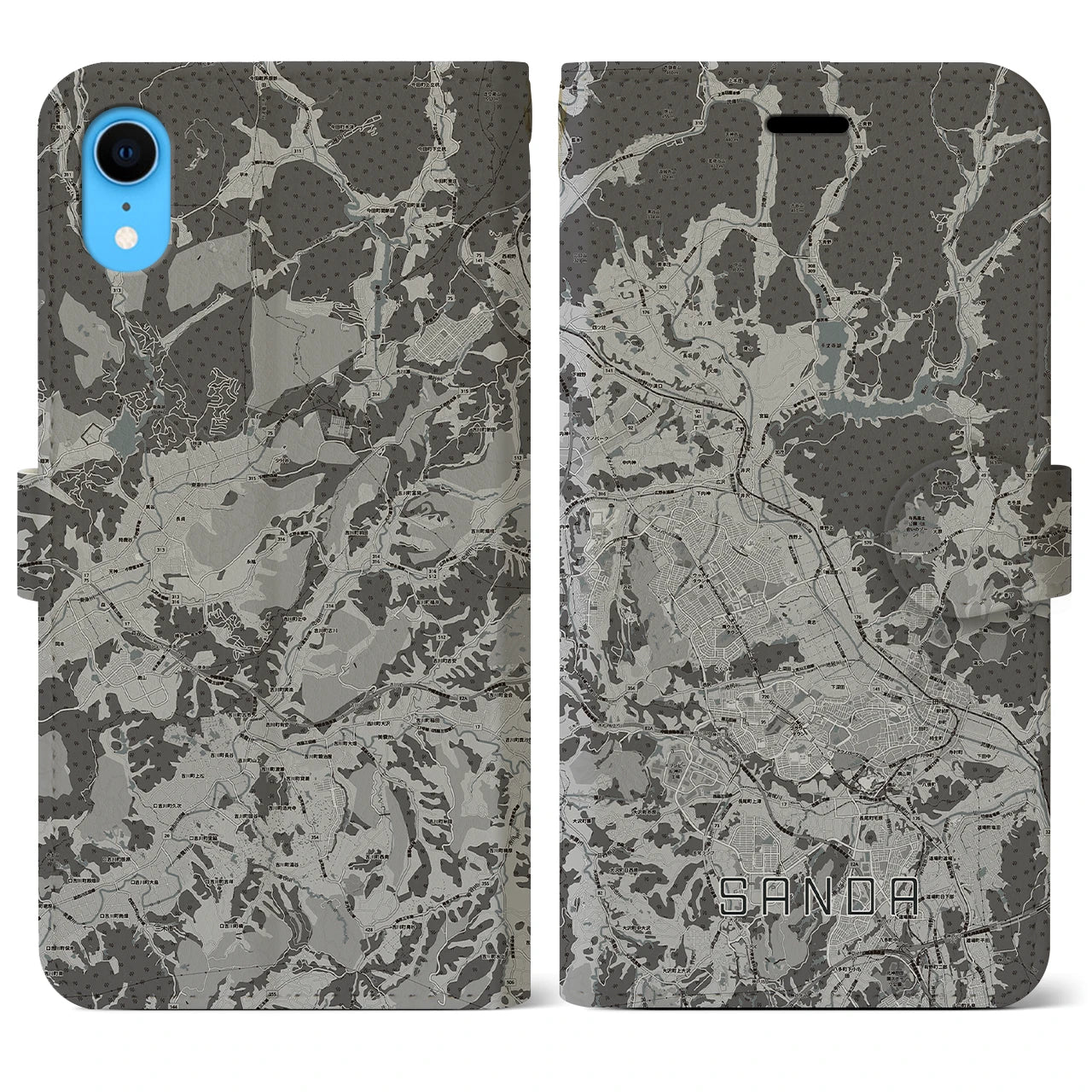 【三田(兵庫県)】地図柄iPhoneケース(手帳タイプ)モノトーン・iPhone XR 用