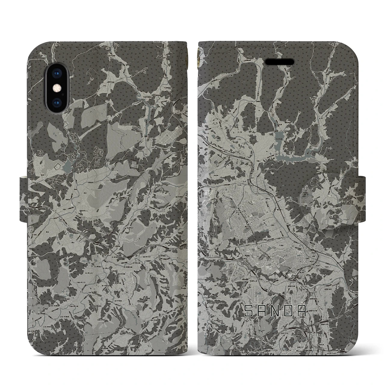 【三田(兵庫県)】地図柄iPhoneケース(手帳タイプ)モノトーン・iPhone XS / X 用
