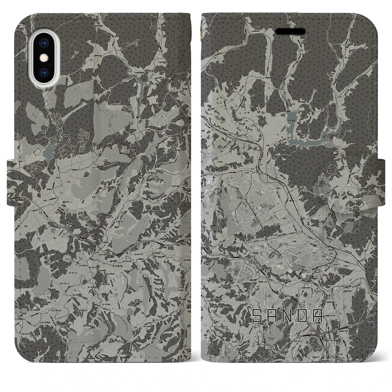 【三田(兵庫県)】地図柄iPhoneケース(手帳タイプ)モノトーン・iPhone XS Max 用