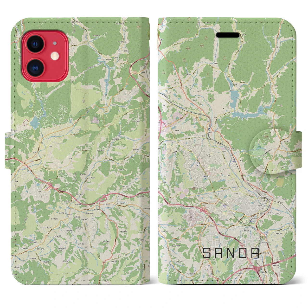 【三田(兵庫県)】地図柄iPhoneケース(手帳タイプ)ナチュラル・iPhone 11 用