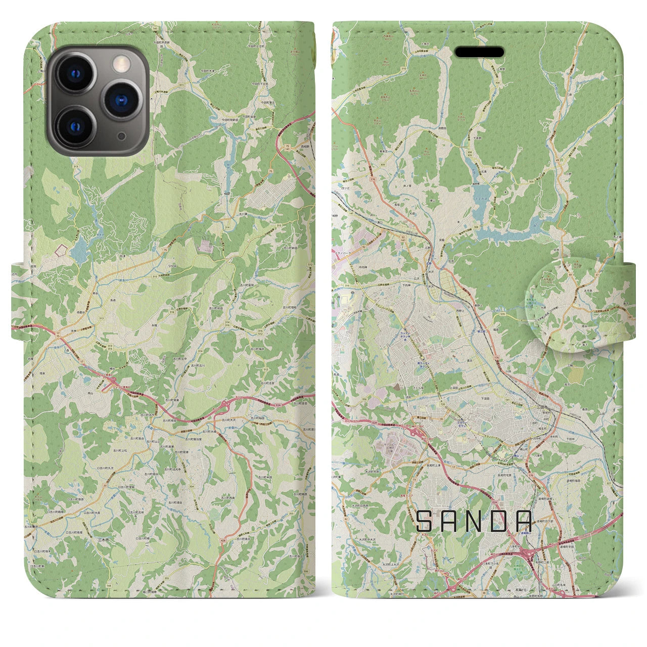 【三田(兵庫県)】地図柄iPhoneケース(手帳タイプ)ナチュラル・iPhone 11 Pro Max 用
