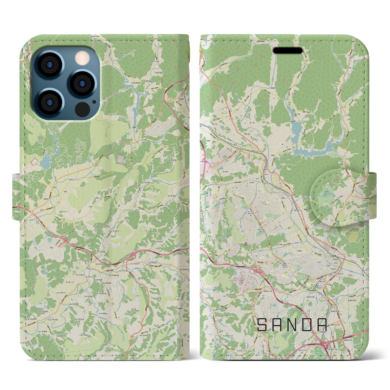 【三田(兵庫県)】地図柄iPhoneケース(手帳タイプ)ナチュラル・iPhone 12 / 12 Pro 用