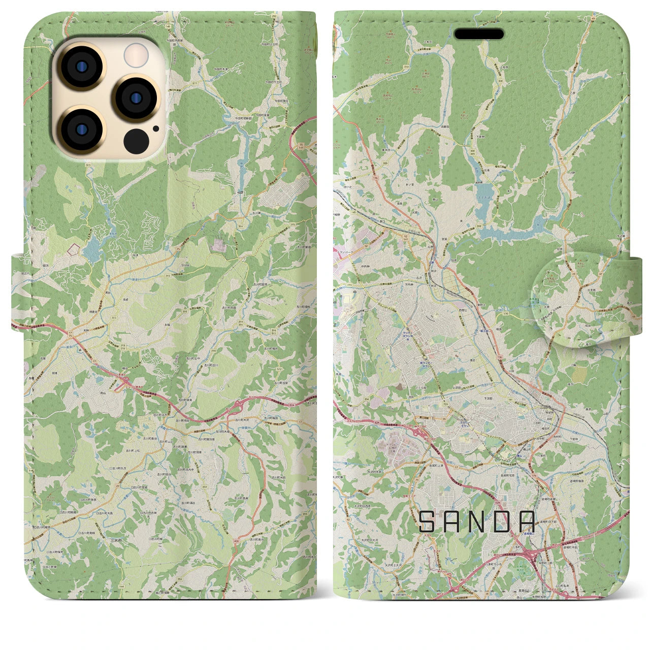 【三田(兵庫県)】地図柄iPhoneケース(手帳タイプ)ナチュラル・iPhone 12 Pro Max 用
