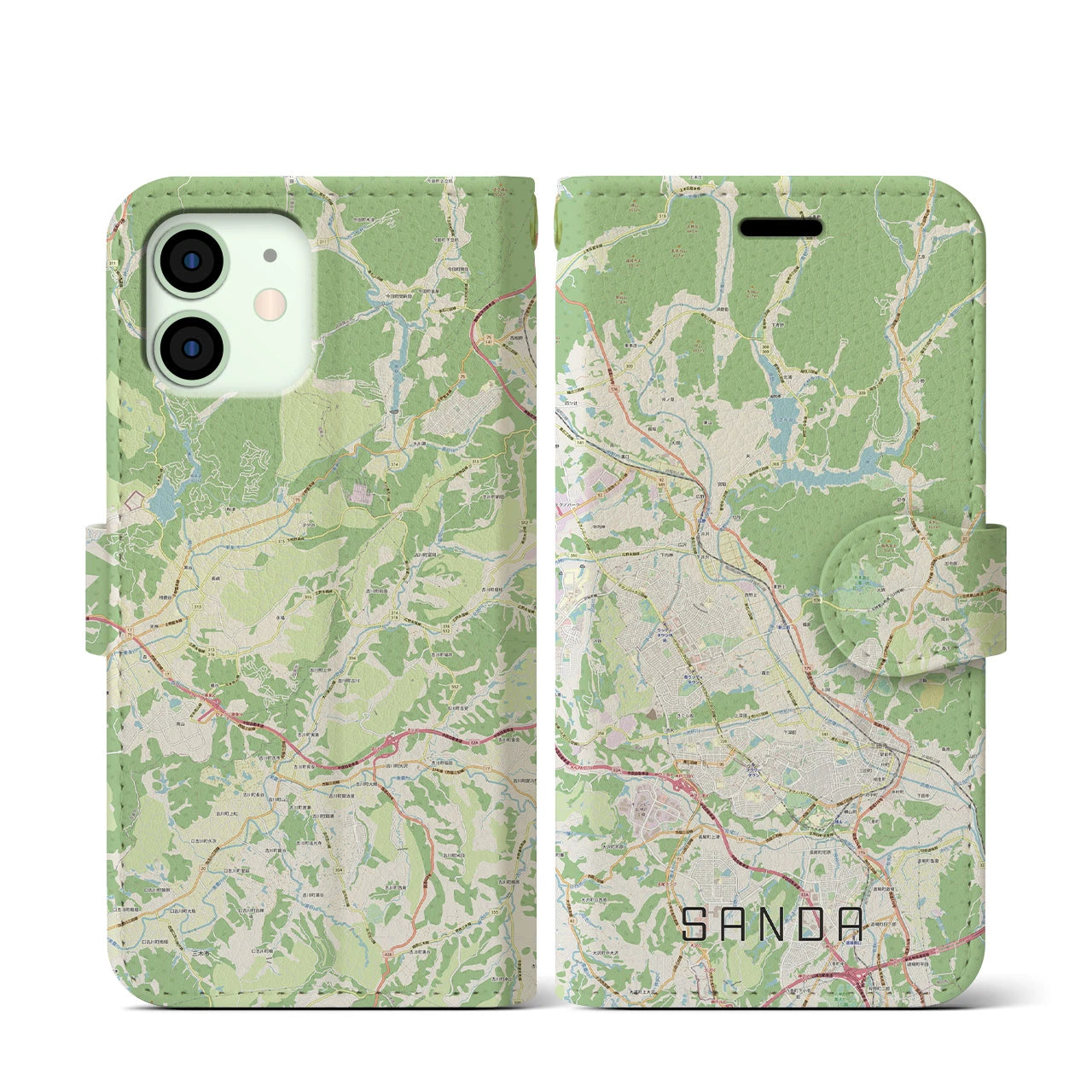 【三田(兵庫県)】地図柄iPhoneケース(手帳タイプ)ナチュラル・iPhone 12 mini 用