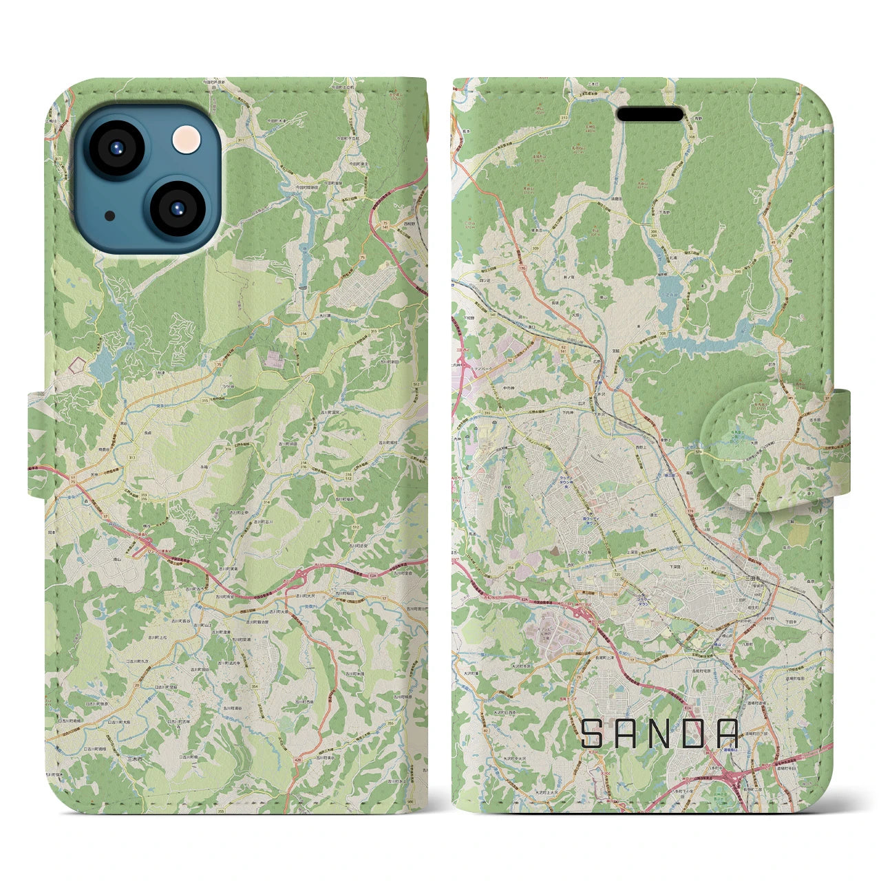 【三田(兵庫県)】地図柄iPhoneケース(手帳タイプ)ナチュラル・iPhone 13 用