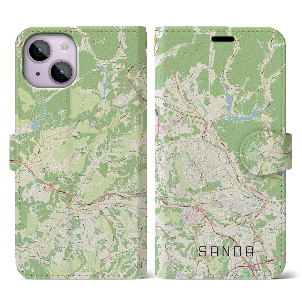 【三田(兵庫県)】地図柄iPhoneケース(手帳タイプ)ナチュラル・iPhone 14 用