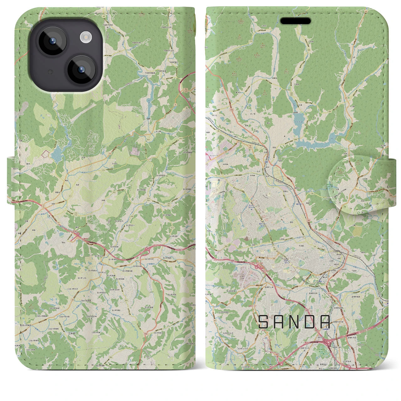 【三田(兵庫県)】地図柄iPhoneケース(手帳タイプ)ナチュラル・iPhone 14 Plus 用
