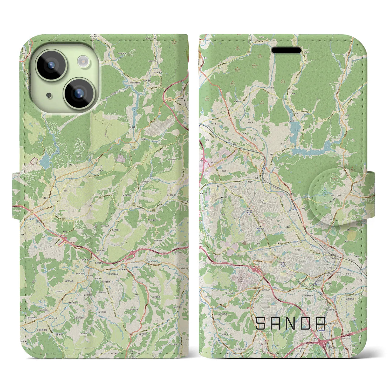 【三田(兵庫県)】地図柄iPhoneケース(手帳タイプ)ナチュラル・iPhone 15 用