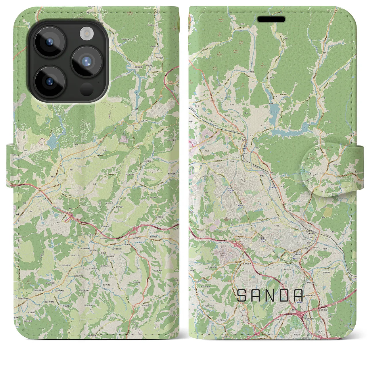 【三田(兵庫県)】地図柄iPhoneケース(手帳タイプ)ナチュラル・iPhone 15 Pro Max 用