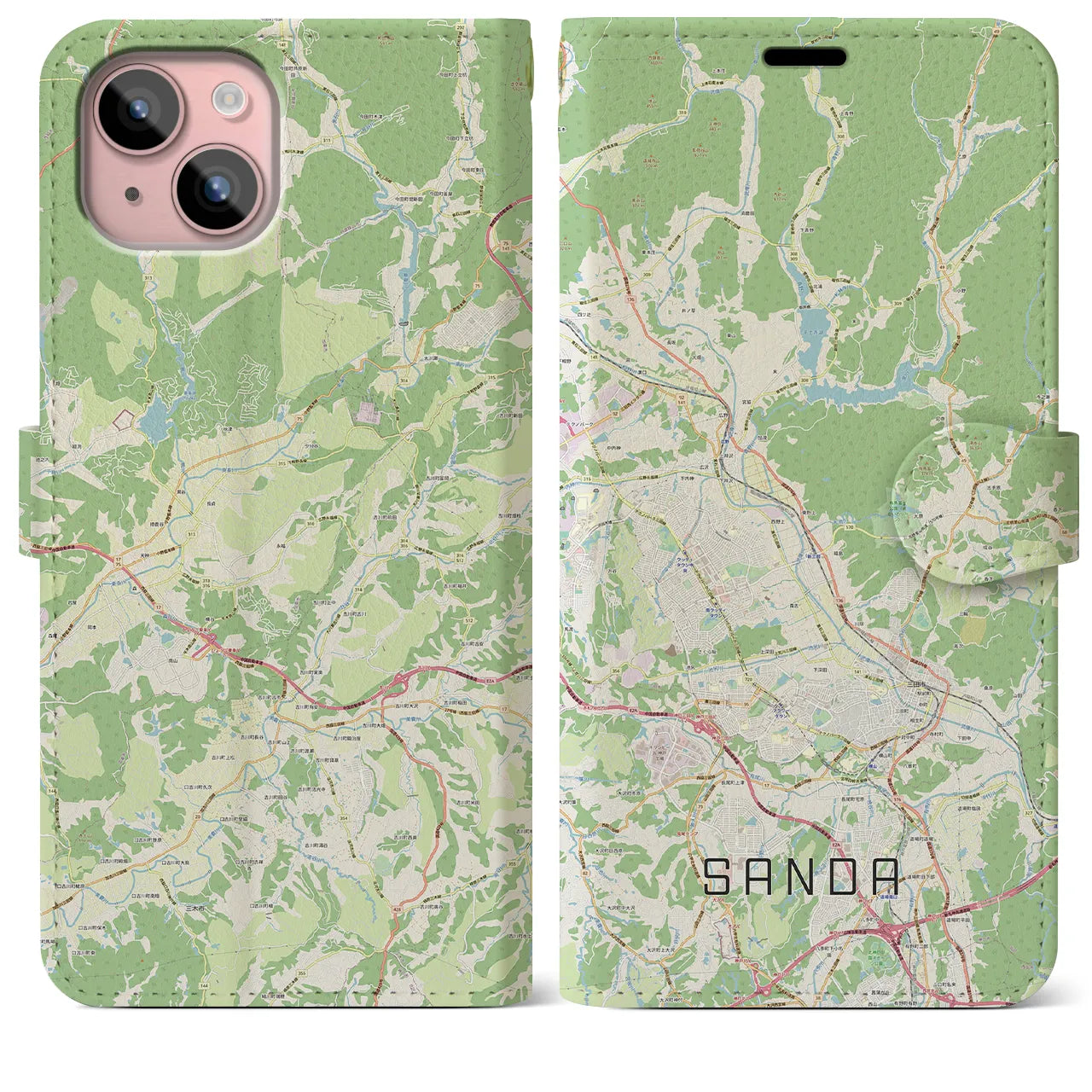 【三田(兵庫県)】地図柄iPhoneケース(手帳タイプ)ナチュラル・iPhone 15 Plus 用