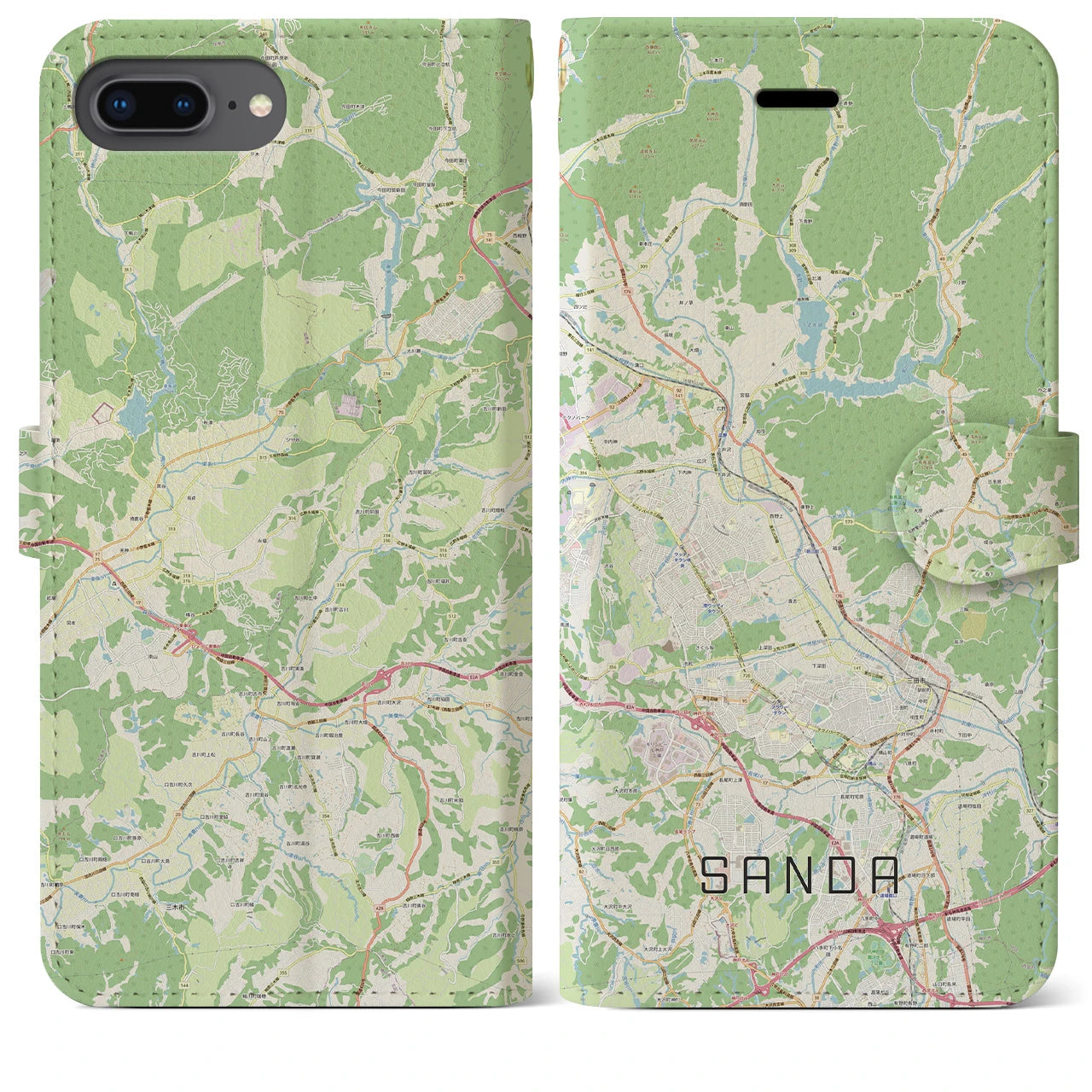 【三田(兵庫県)】地図柄iPhoneケース(手帳タイプ)ナチュラル・iPhone 8Plus /7Plus / 6sPlus / 6Plus 用