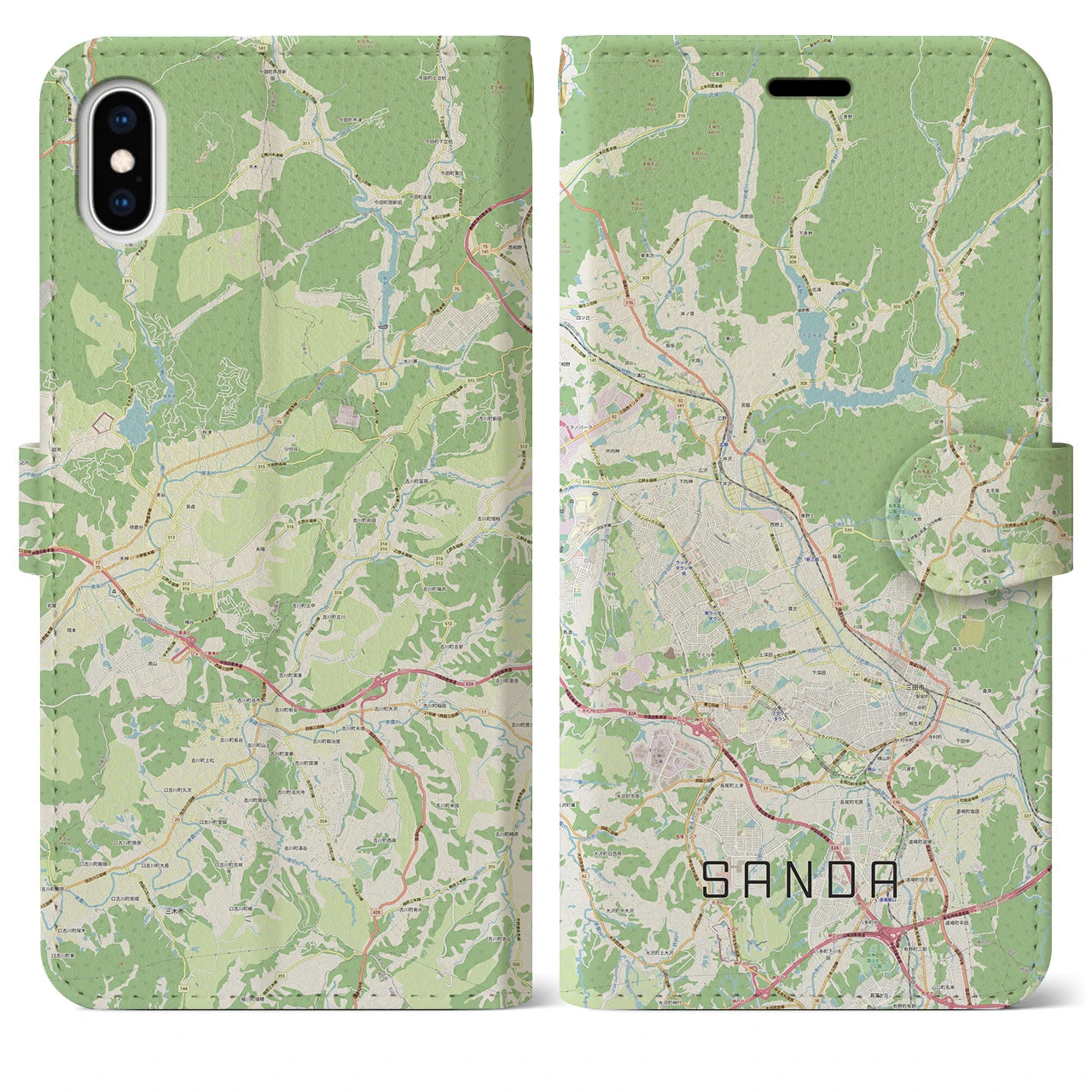 【三田(兵庫県)】地図柄iPhoneケース(手帳タイプ)ナチュラル・iPhone XS Max 用