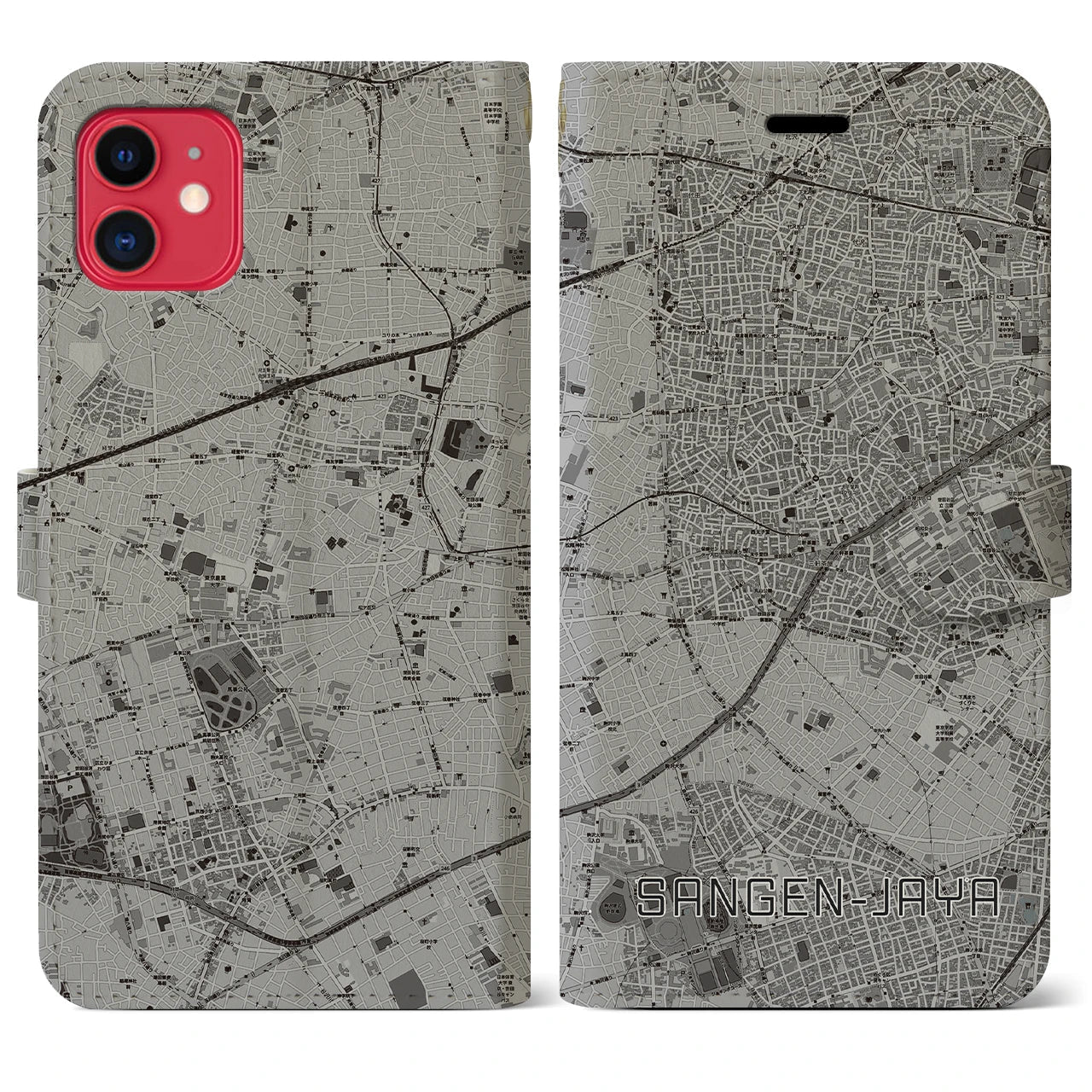 【三軒茶屋(東京都)】地図柄iPhoneケース(手帳タイプ)モノトーン・iPhone 11 用