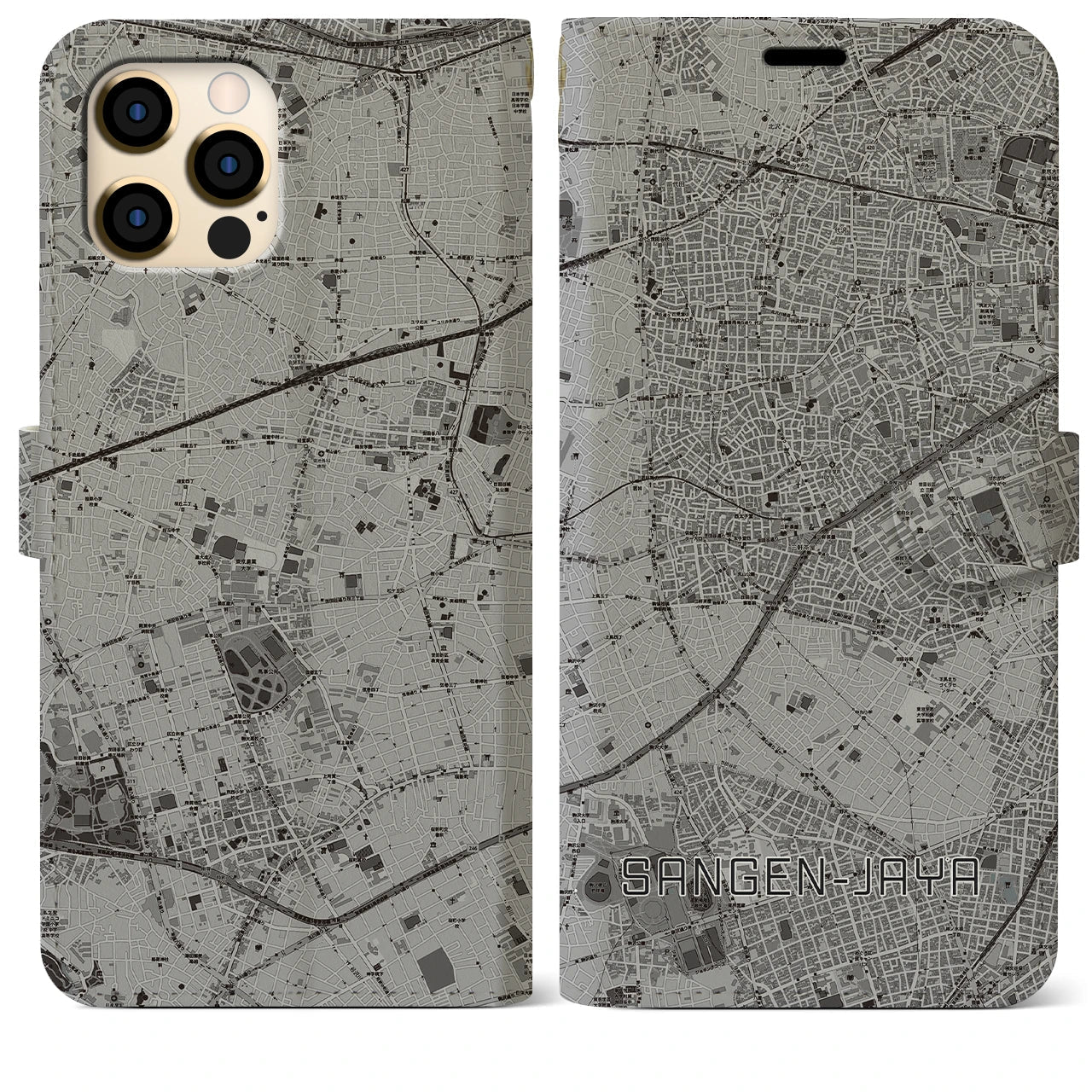 【三軒茶屋(東京都)】地図柄iPhoneケース(手帳タイプ)モノトーン・iPhone 12 Pro Max 用