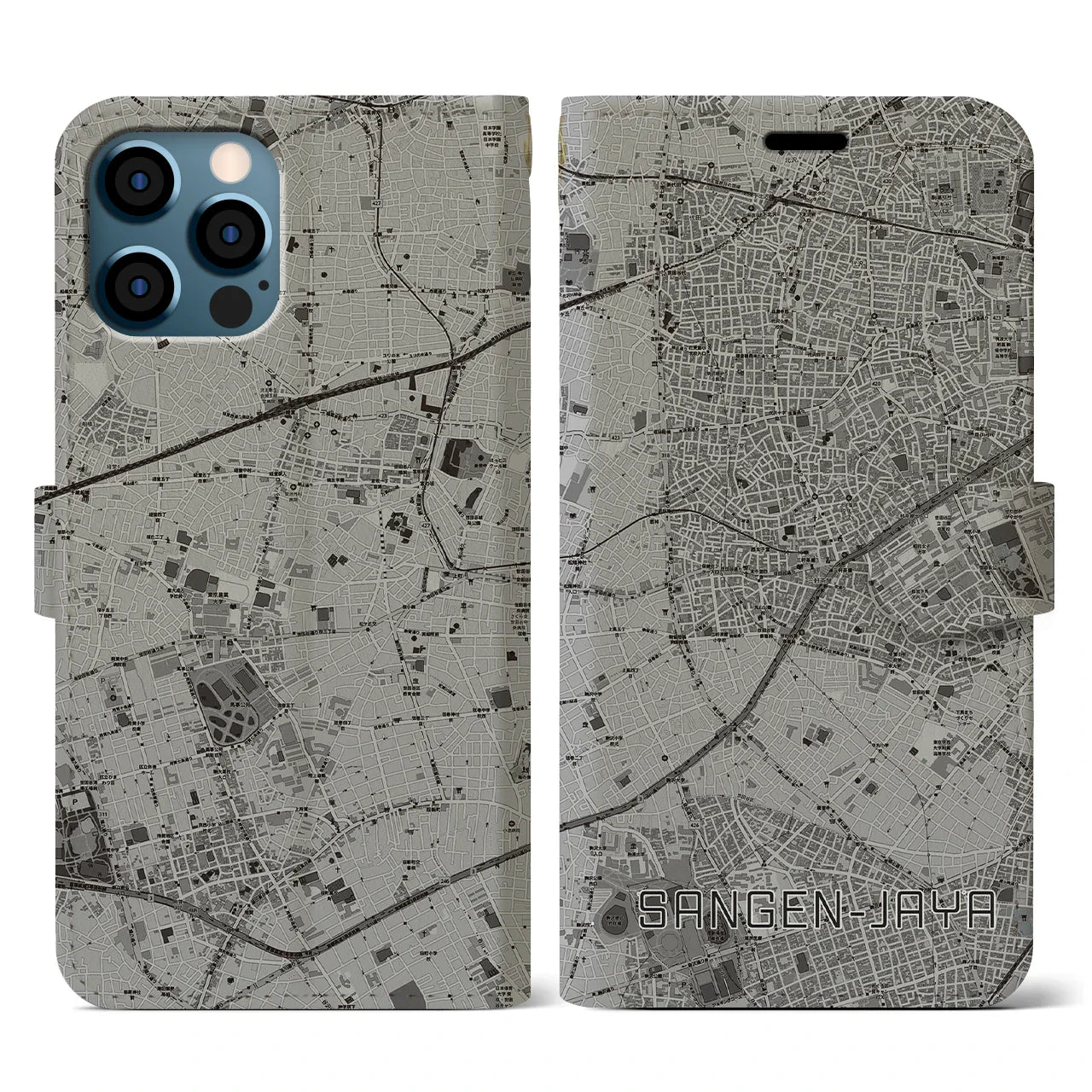 【三軒茶屋(東京都)】地図柄iPhoneケース(手帳タイプ)モノトーン・iPhone 12 / 12 Pro 用