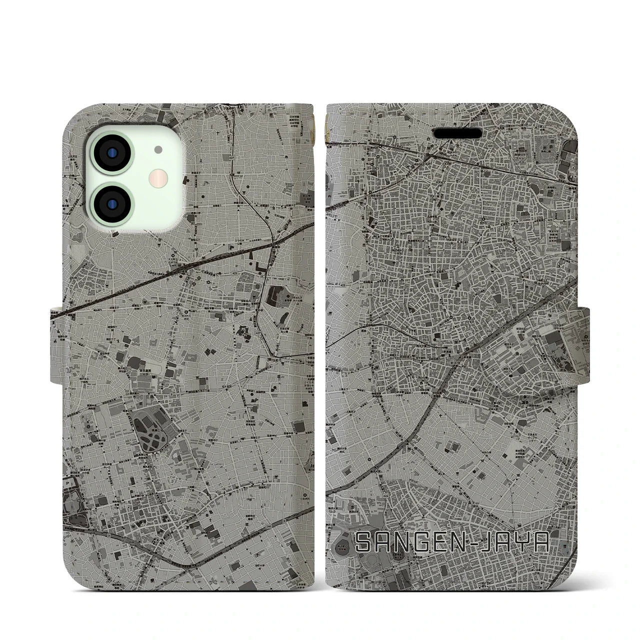【三軒茶屋(東京都)】地図柄iPhoneケース(手帳タイプ)モノトーン・iPhone 12 mini 用