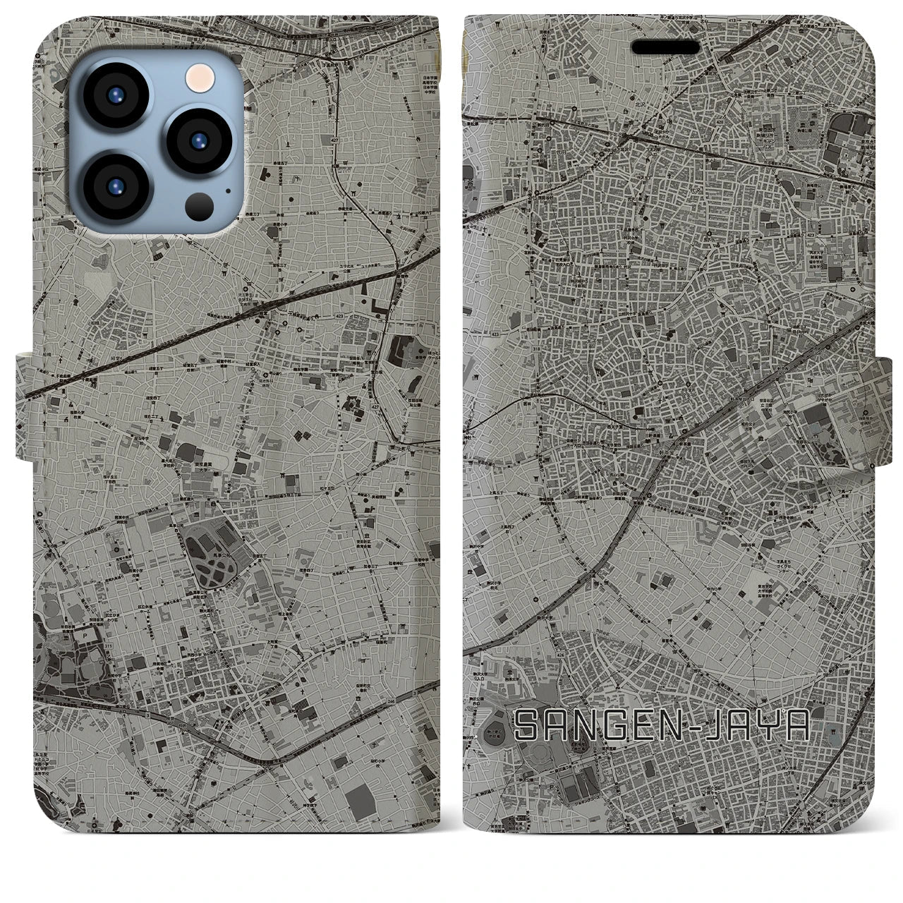 【三軒茶屋(東京都)】地図柄iPhoneケース(手帳タイプ)モノトーン・iPhone 13 Pro Max 用