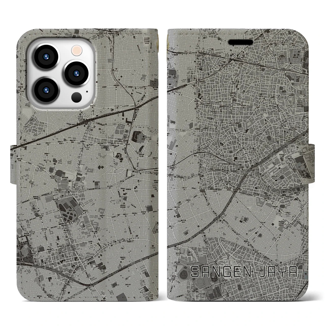 【三軒茶屋(東京都)】地図柄iPhoneケース(手帳タイプ)モノトーン・iPhone 13 Pro 用