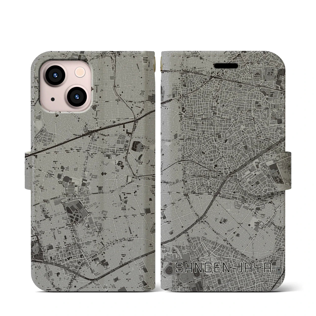【三軒茶屋(東京都)】地図柄iPhoneケース(手帳タイプ)モノトーン・iPhone 13 mini 用