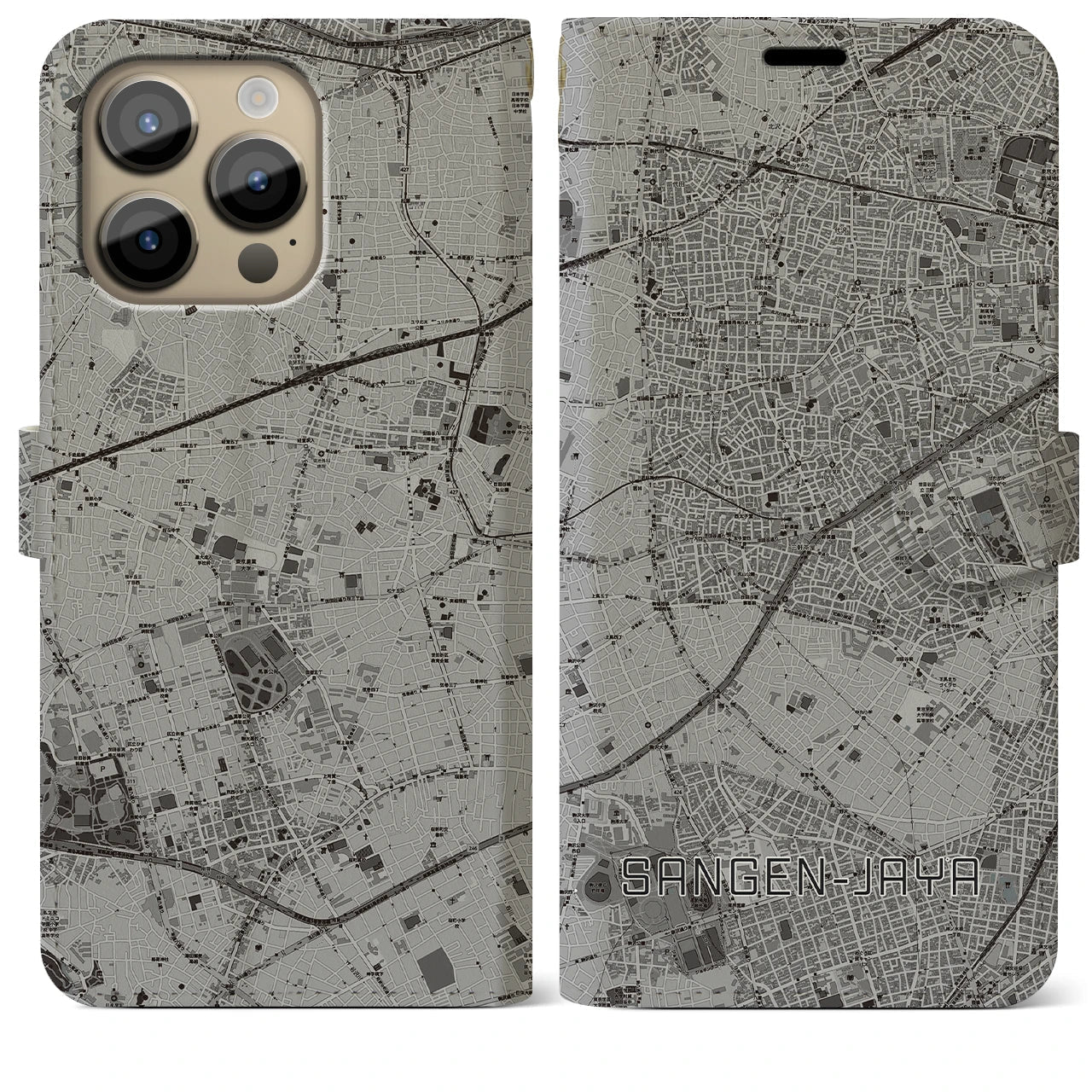 【三軒茶屋(東京都)】地図柄iPhoneケース(手帳タイプ)モノトーン・iPhone 14 Pro Max 用