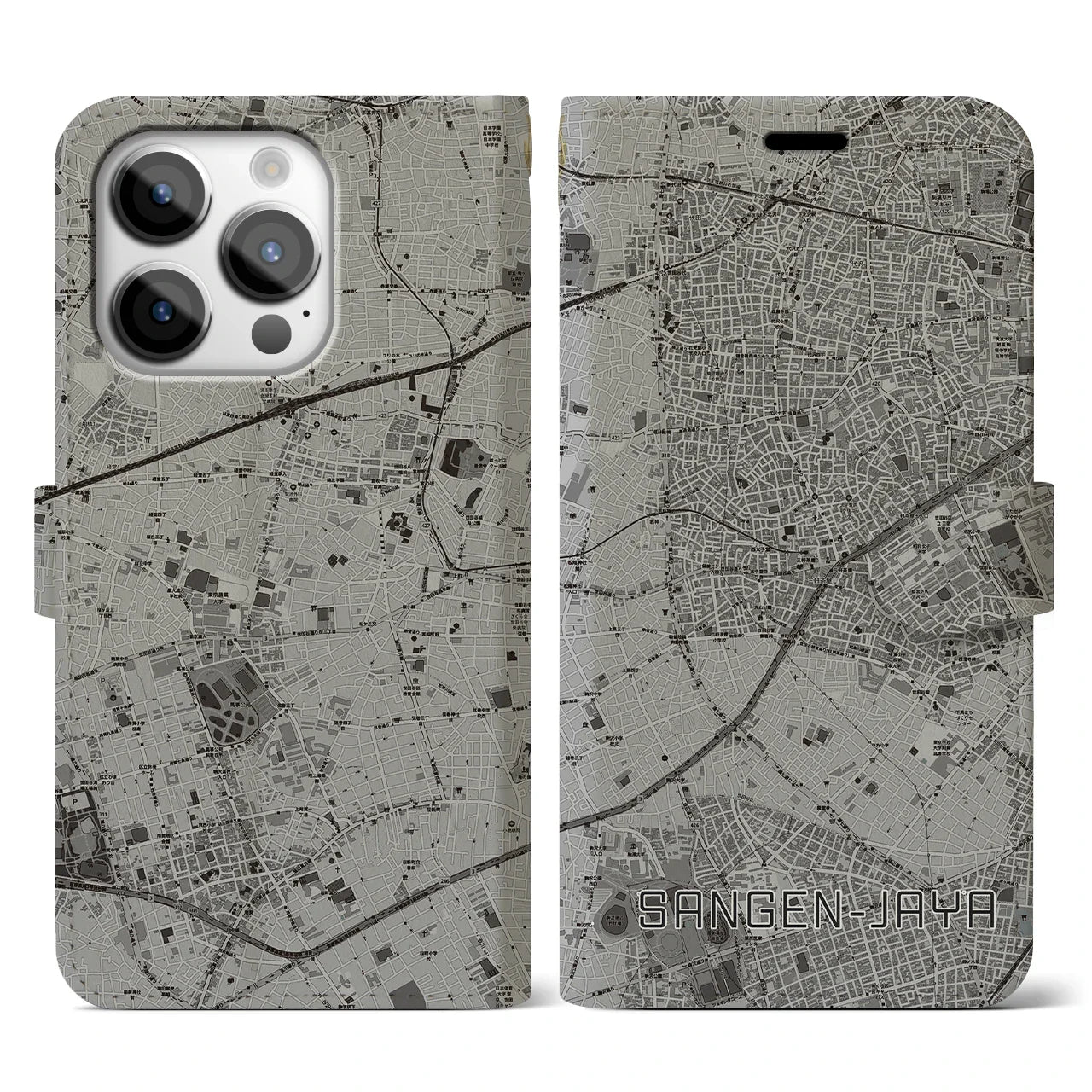 【三軒茶屋(東京都)】地図柄iPhoneケース(手帳タイプ)モノトーン・iPhone 14 Pro 用