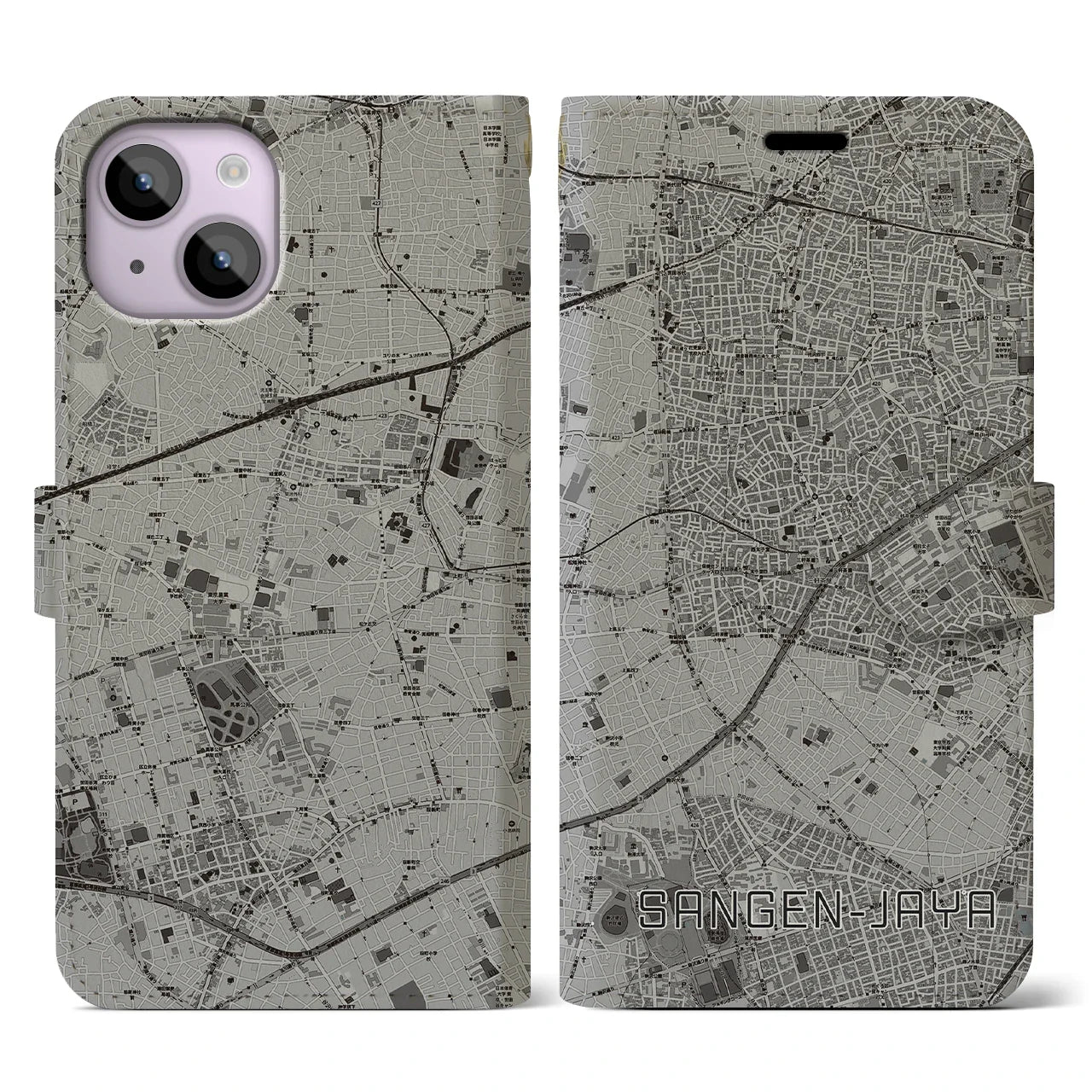【三軒茶屋(東京都)】地図柄iPhoneケース(手帳タイプ)モノトーン・iPhone 14 用