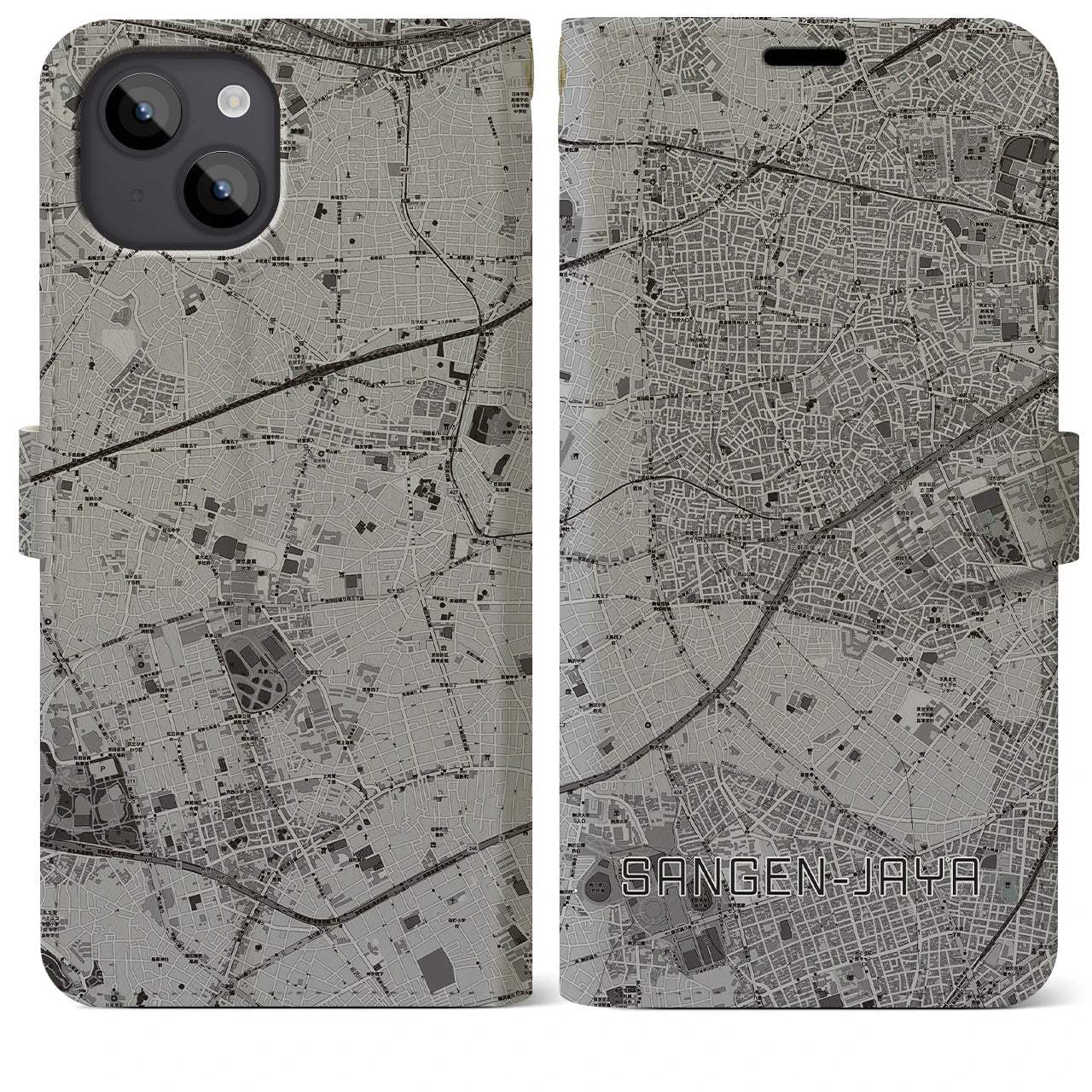 【三軒茶屋(東京都)】地図柄iPhoneケース(手帳タイプ)モノトーン・iPhone 14 Plus 用
