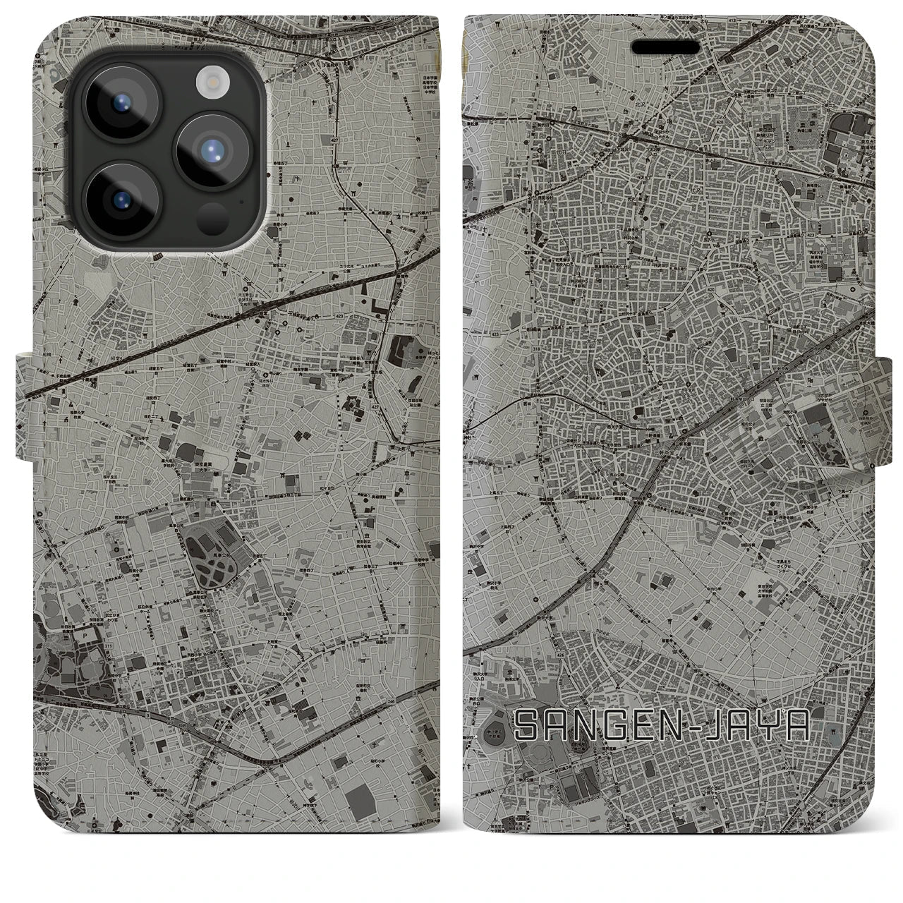 【三軒茶屋(東京都)】地図柄iPhoneケース(手帳タイプ)モノトーン・iPhone 15 Pro Max 用