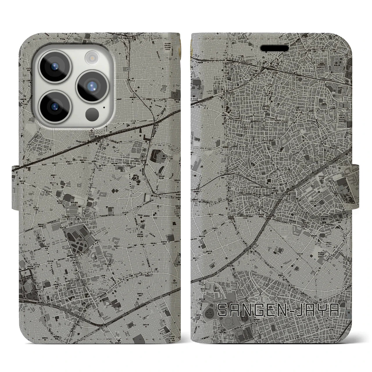 【三軒茶屋(東京都)】地図柄iPhoneケース(手帳タイプ)モノトーン・iPhone 15 Pro 用
