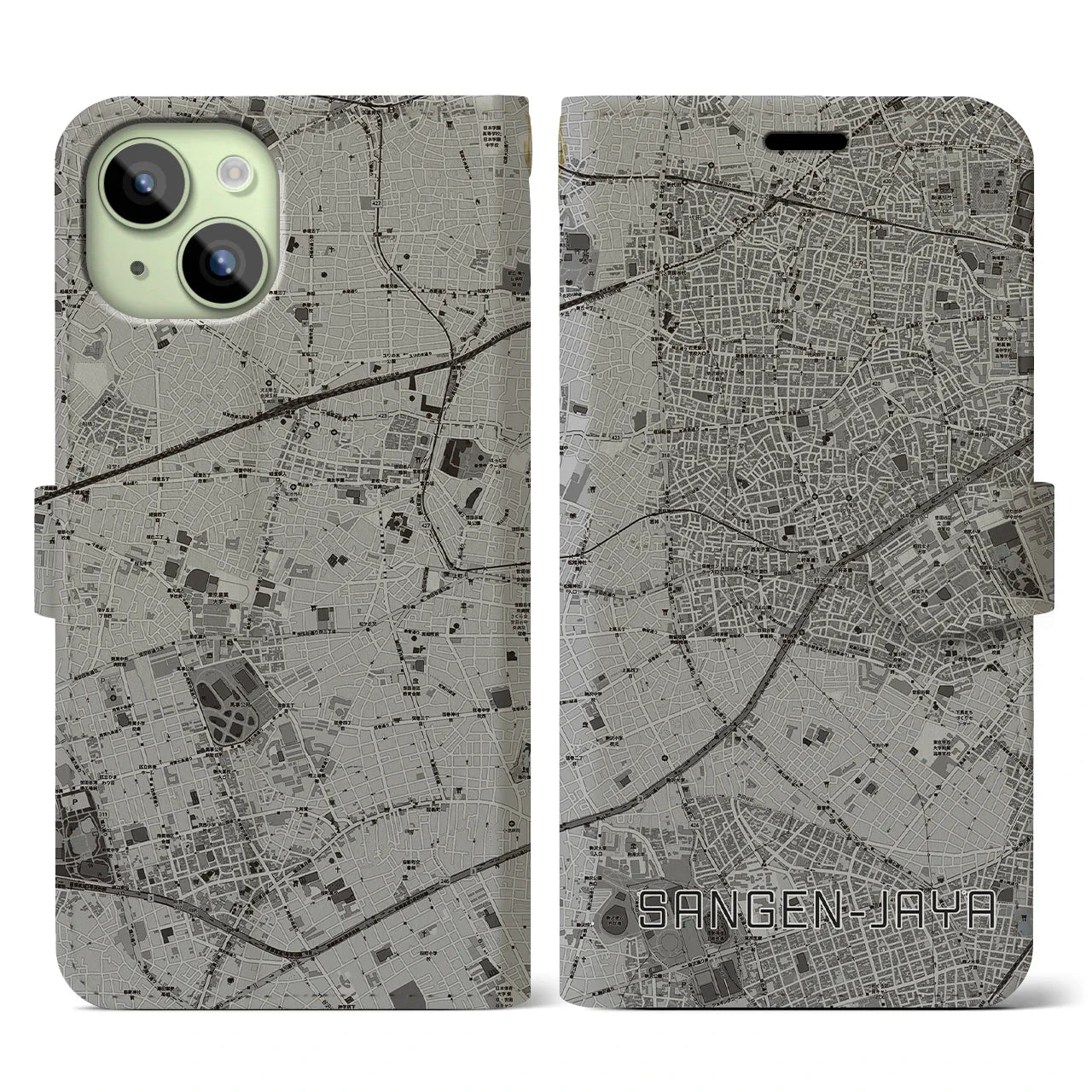 【三軒茶屋(東京都)】地図柄iPhoneケース(手帳タイプ)モノトーン・iPhone 15 用