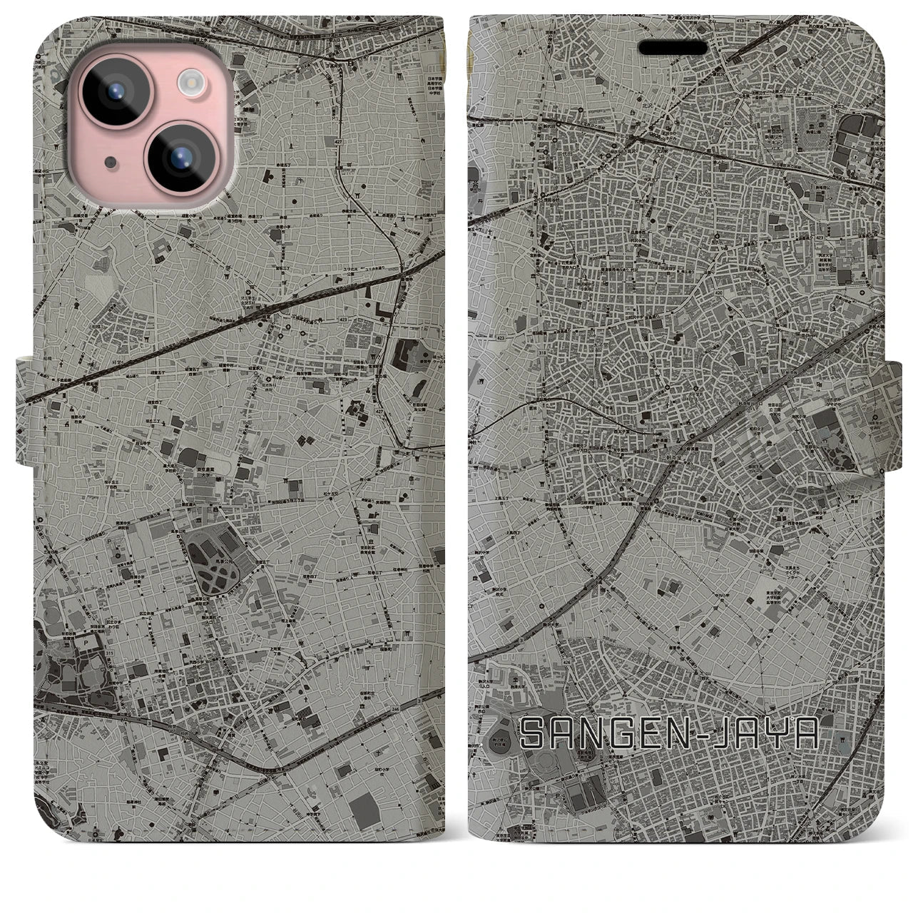 【三軒茶屋(東京都)】地図柄iPhoneケース(手帳タイプ)モノトーン・iPhone 15 Plus 用