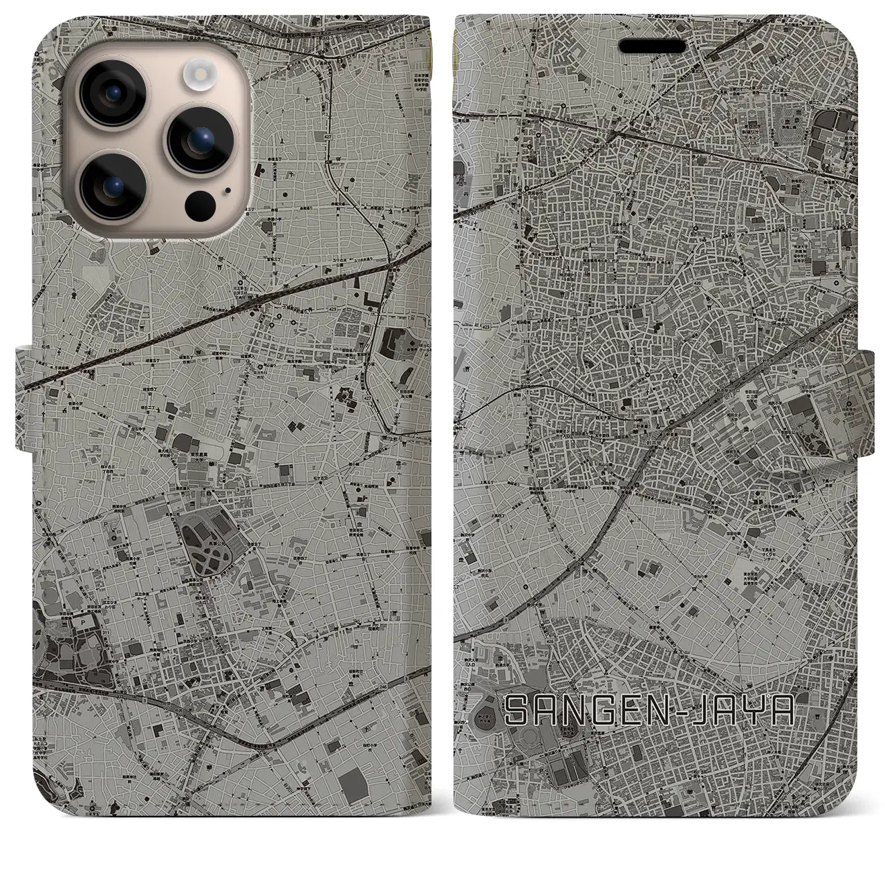 【三軒茶屋(東京都)】地図柄iPhoneケース(手帳タイプ)モノトーン・iPhone 16 Plus 用