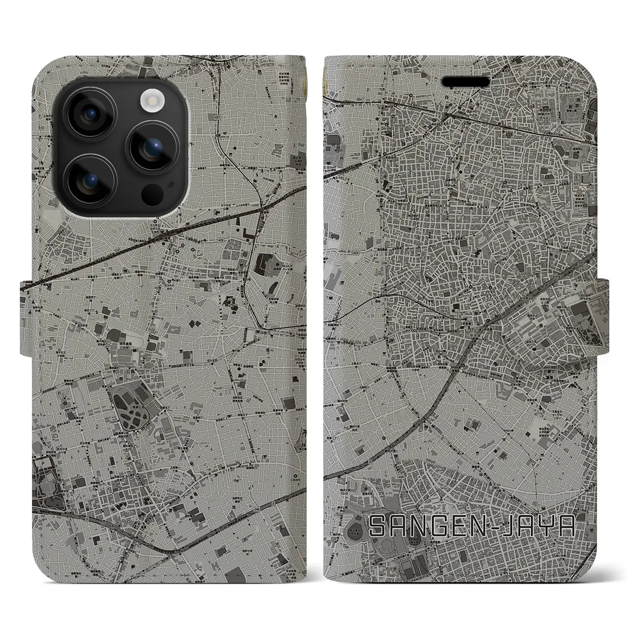 【三軒茶屋(東京都)】地図柄iPhoneケース(手帳タイプ)モノトーン・iPhone 16 用