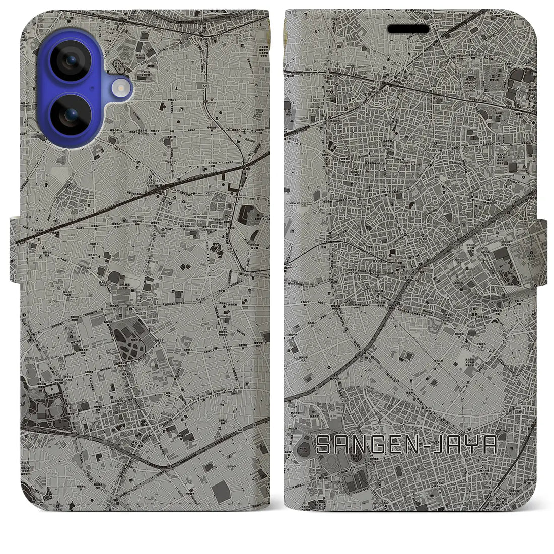 【三軒茶屋(東京都)】地図柄iPhoneケース(手帳タイプ)モノトーン・iPhone 16 Pro Max 用