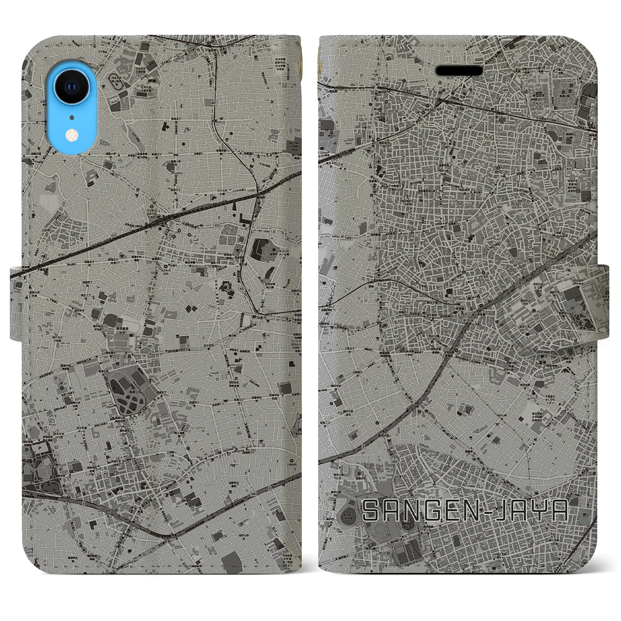 【三軒茶屋(東京都)】地図柄iPhoneケース(手帳タイプ)モノトーン・iPhone XR 用